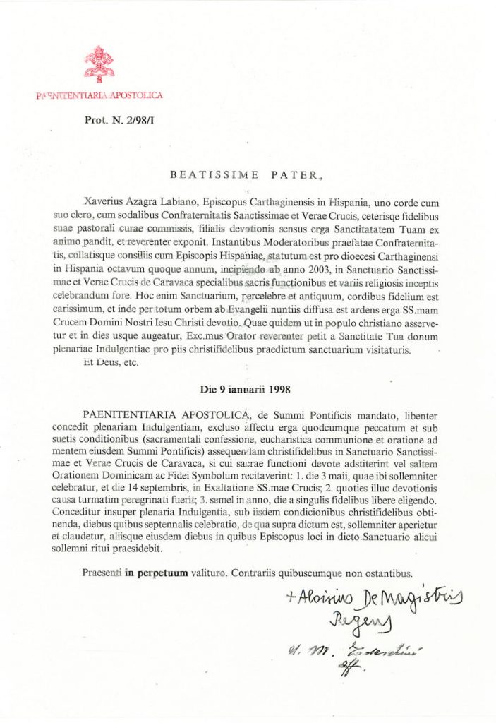 decreto de concesión de año santo in perpetuum a la vera cruz de caravaca (versión en latín)